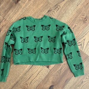 La Hearts Green Butterfly Cropped Knit Sweater